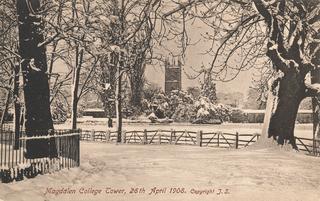 Magdalen College Tower - snow scene April 1908