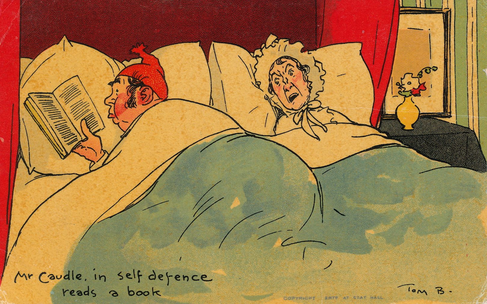 Mr Caudle in self-defence reads a book
