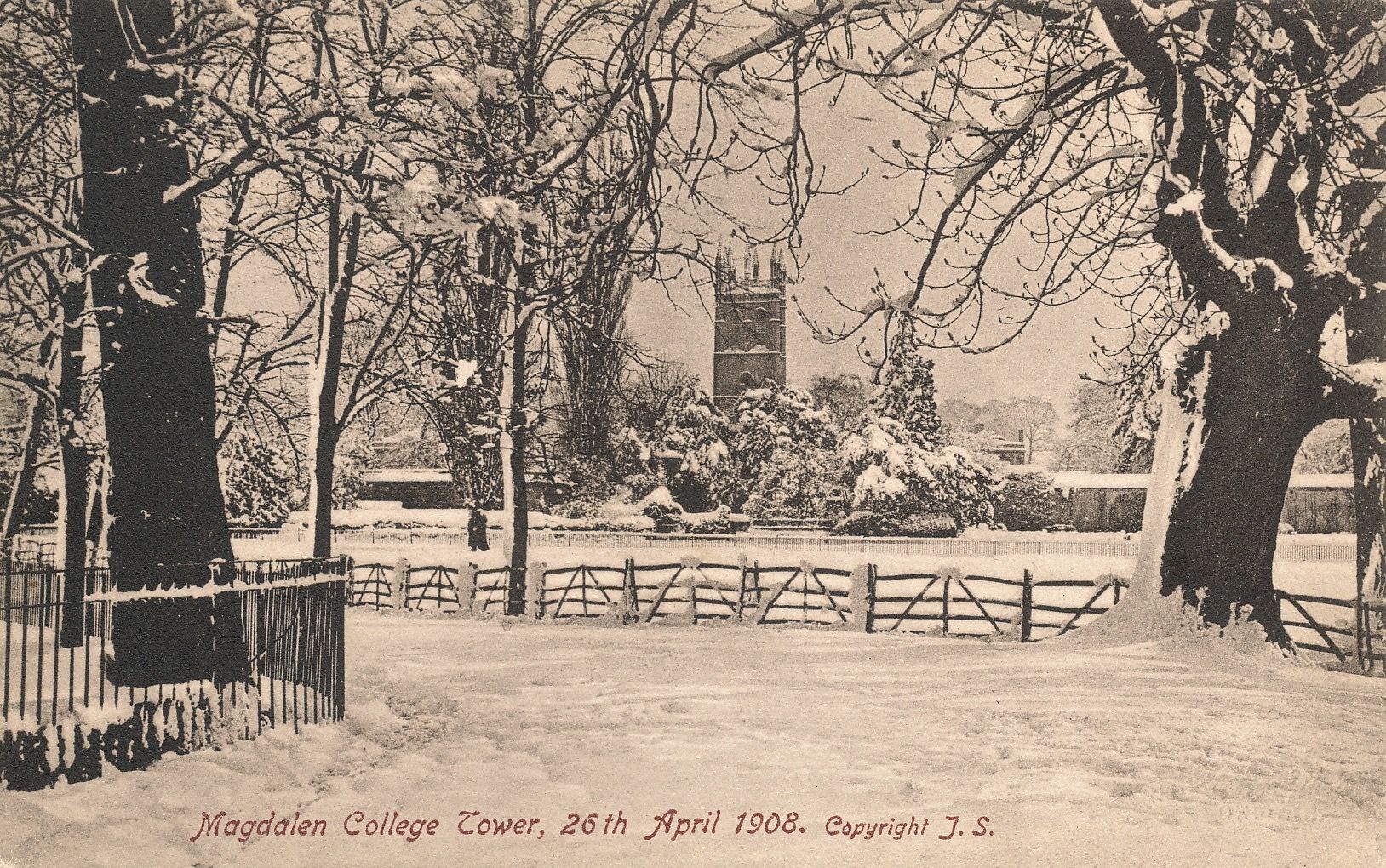 Magdalen College Tower - snow scene April 1908